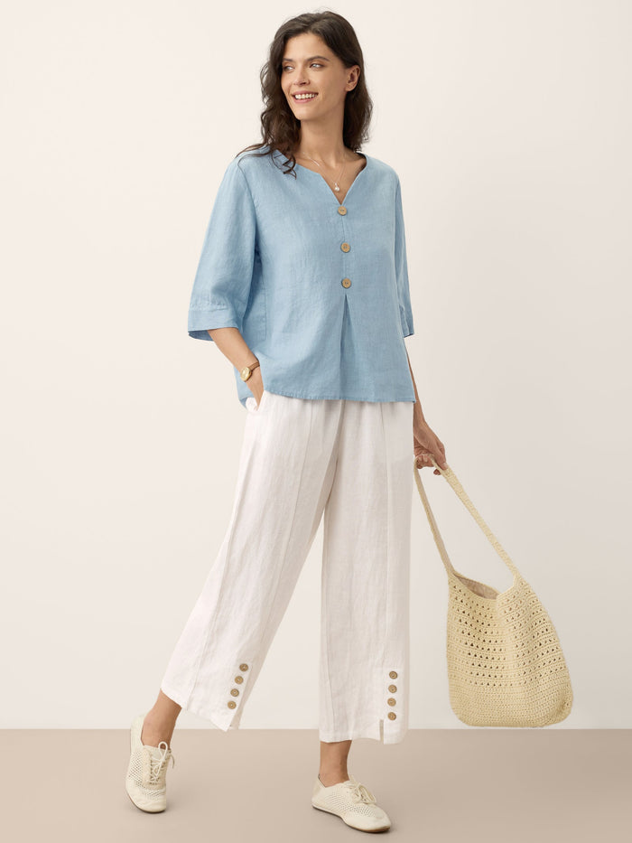 100% Linen Split Neck Inverted Pleat Top TABITHA