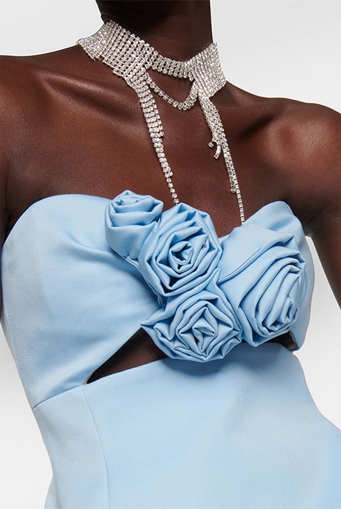 3D Floral Embellished Sexy Strapless Backless Mini Dress - Blue | ZAKAPOP