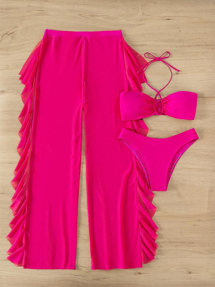 3pack Criss Cross Halter Bikini Swimsuit & Cover Up Pants | ZAKAPOP