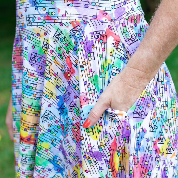 Adult "Staff Meeting" Rainbow Music Notes Super Twirler Dress with Pockets