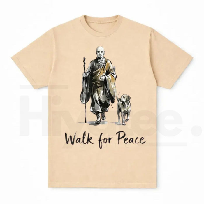 Aesthetic "Walk For Peace" Zen T-Shirt – Minimalist Monk & Dog Graphic Tee