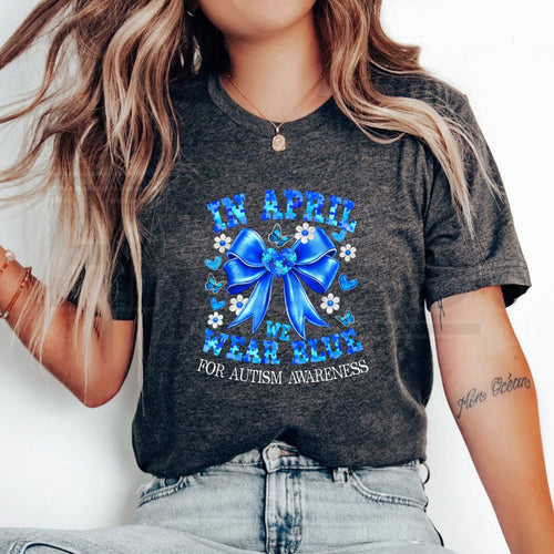 "April We Wear Blue" Autism Awareness – Coquette Bow Puzzle Graphic