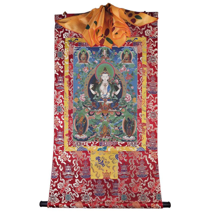 Chenrezig - Tibetan thangka painting, detailed view
