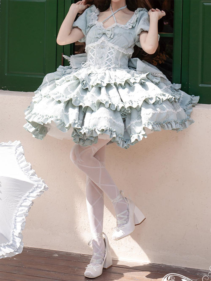 Ballet Style Doll Sense Sweet Lolita Bowknot Tail Puff Sleeves Dress OP | ZAKAPOP