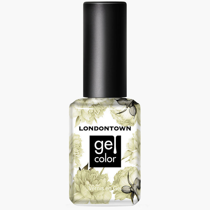A clear bottle of LONDONTOWN Banana Pudding gel color nail polish with floral design, black cap, and product details on the front sits beside a mellow yellow sheer lipstick, both adding a touch of playful elegance to your beauty essentials.