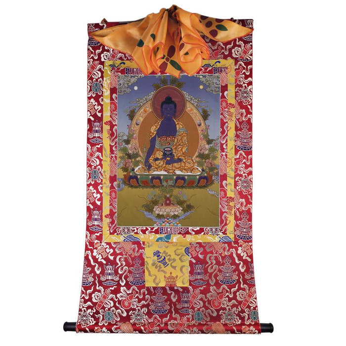 Bhaisajyaguru - Medicine Buddha - Tibetan thangka painting, detailed view