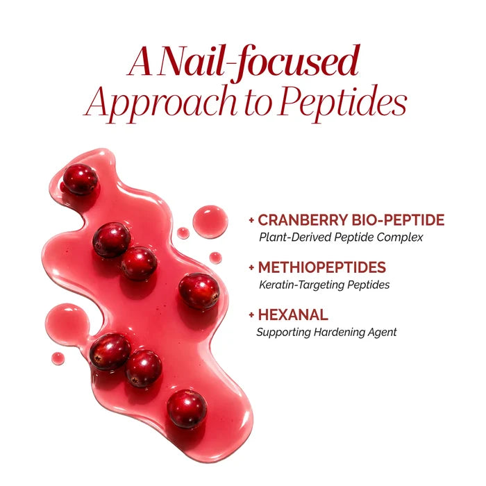LONDONTOWN Bio Peptide Nail Glow featuring Cranberry Bio-Peptide, Methiopeptides, and Hexanal, displayed with a pink liquid spill and fresh cranberries.