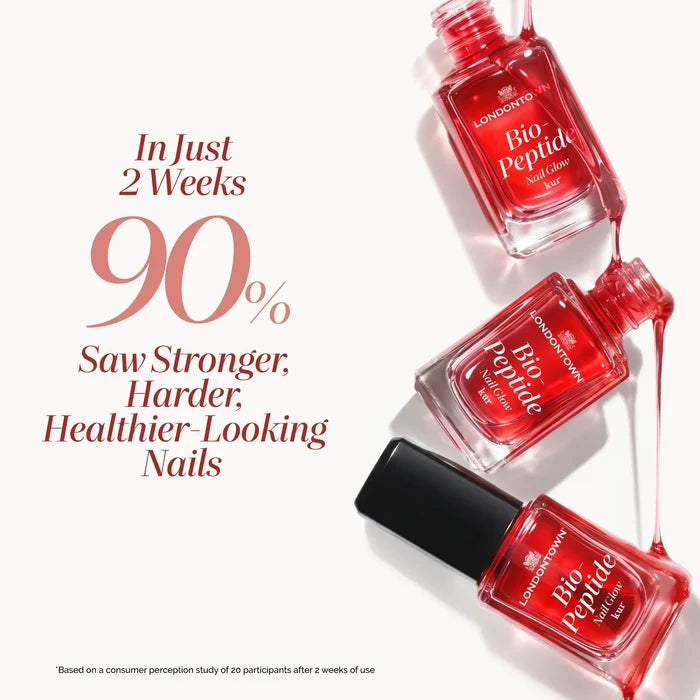Three bottles of LONDONTOWN Bio Peptide Nail Glow, one open and dripping onto the others, next to text claiming 90% of participants saw stronger, healthier-looking nails in two weeks.