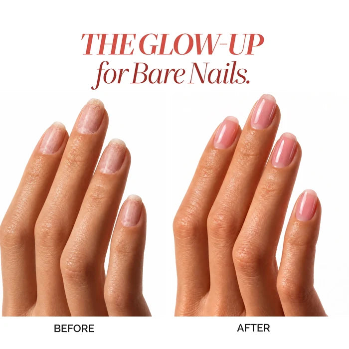 Before and after comparison of bare nails, showing dull, textured nails on the left and smooth, pink-tinted nails treated with LONDONTOWN Bio Peptide Nail Glow on the right.