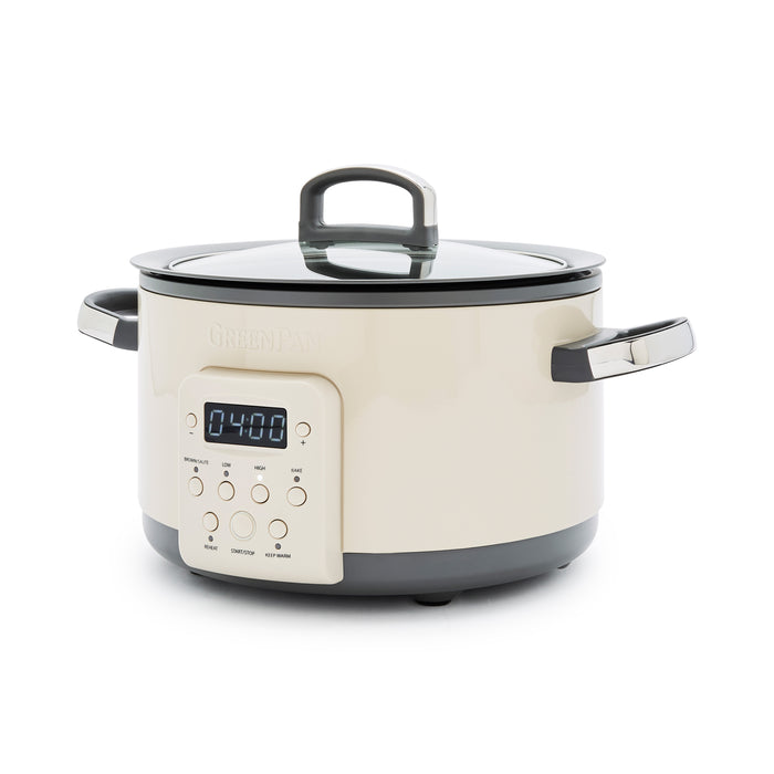 Macadamia-colored 4-quart slow cooker with digital display, glass lid, and browning insert on white background.