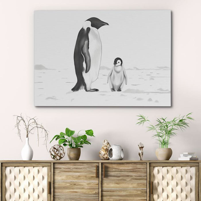 Black and White Penguins - Minimalist Wall Art in Black Frame