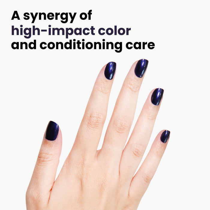 A hand with dark, glossy LONDONTOWN Black Thorn vegan nail polish in midnight purple against a white background showcases the words: "A synergy of high-impact color and conditioning care.