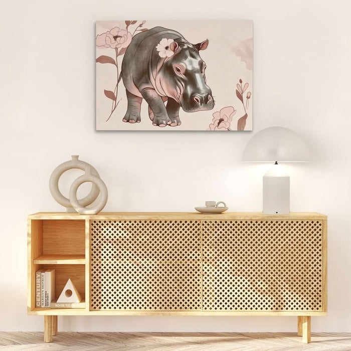 Blooming Hippo - Beige Canvas Wall Art