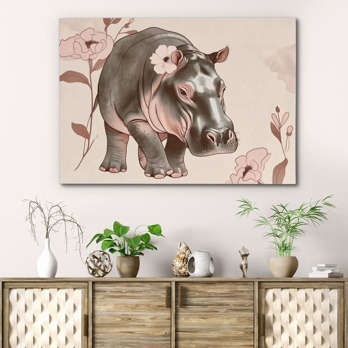 Blooming Hippo - Beige Wall Art for Nursery