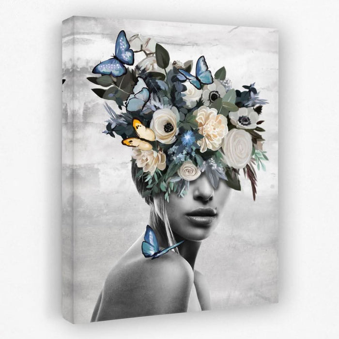 Blue Flower Woman - Floral Canvas Wall Art