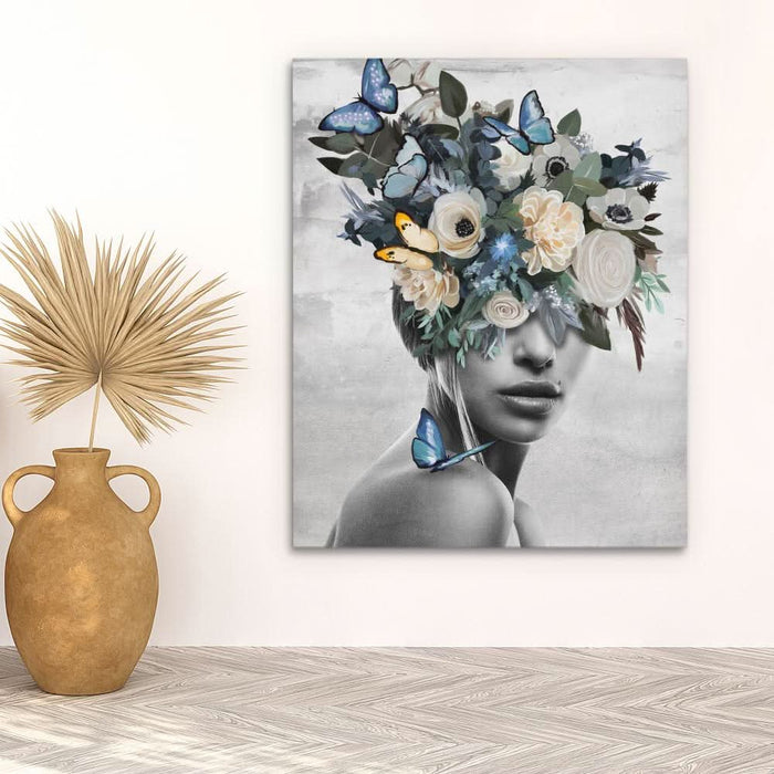 Blue Flower Woman - Modern Wall Art in Black Frame