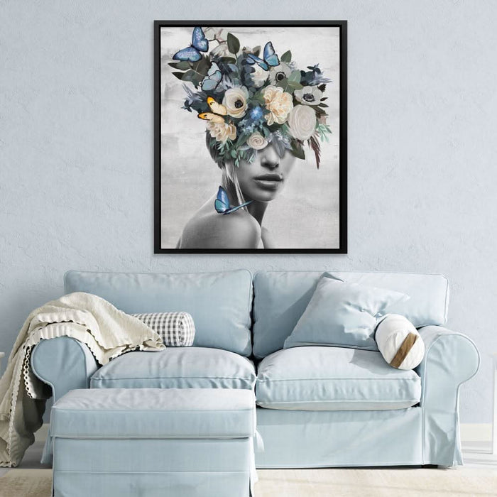 Blue Flower Woman - Woman Wall Art in Black Frame