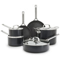 10-piece black hard anodized cookware set with stainless handles and glass lids.