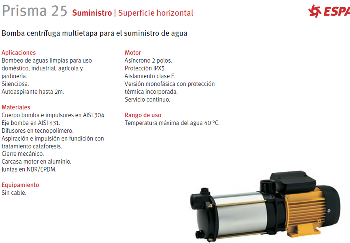 Bomba centrífuga multi-etapa PRISMA 25 2, 1 HP