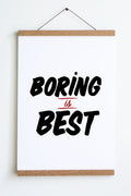 black and red text on white background boring is best in sign painter font