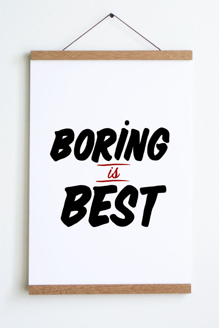 black and red text on white background boring is best in sign painter font