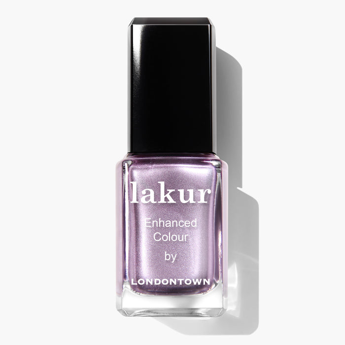 A bottle of BRILL-ant nail polish by LONDONTOWN, featuring a light purple shade with a glossy finish and a black cap. This 16+ free, vegan, and cruelty-free nail polish ensures top-quality and ethical beauty.