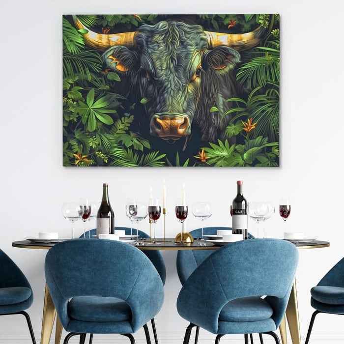Bull in the Bushes - Green Canvas Wall Art