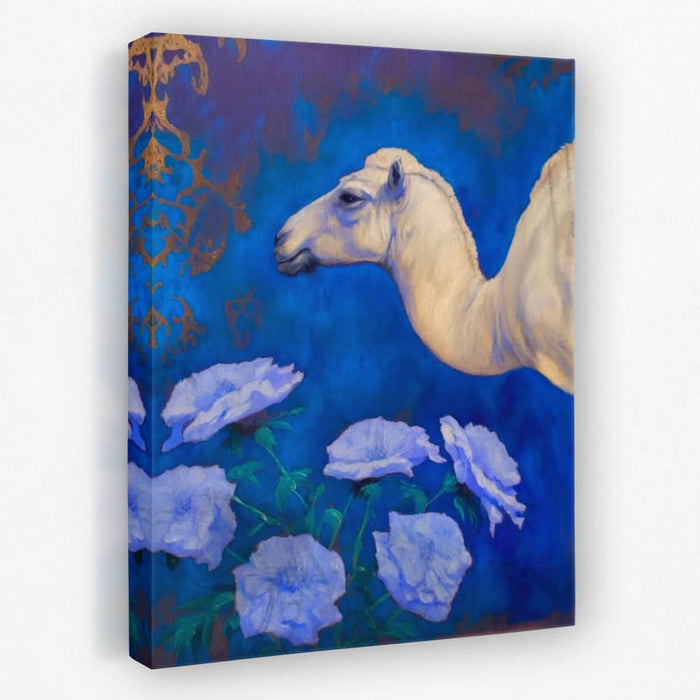 Camel With Blue Flowers - Animals Canvas Wall Art
