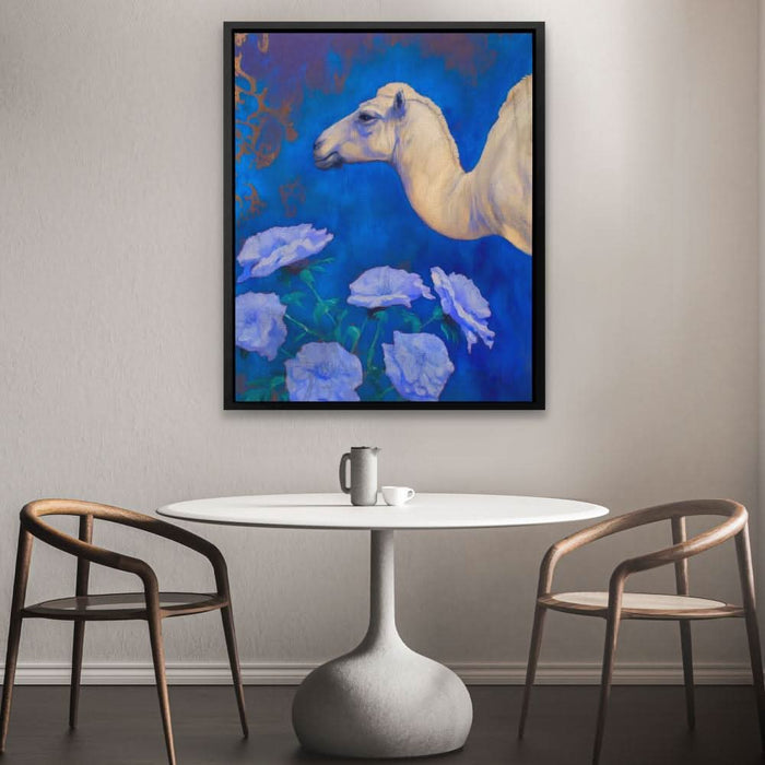 Camel With Blue Flowers - Modern Wall Art in Black Frame