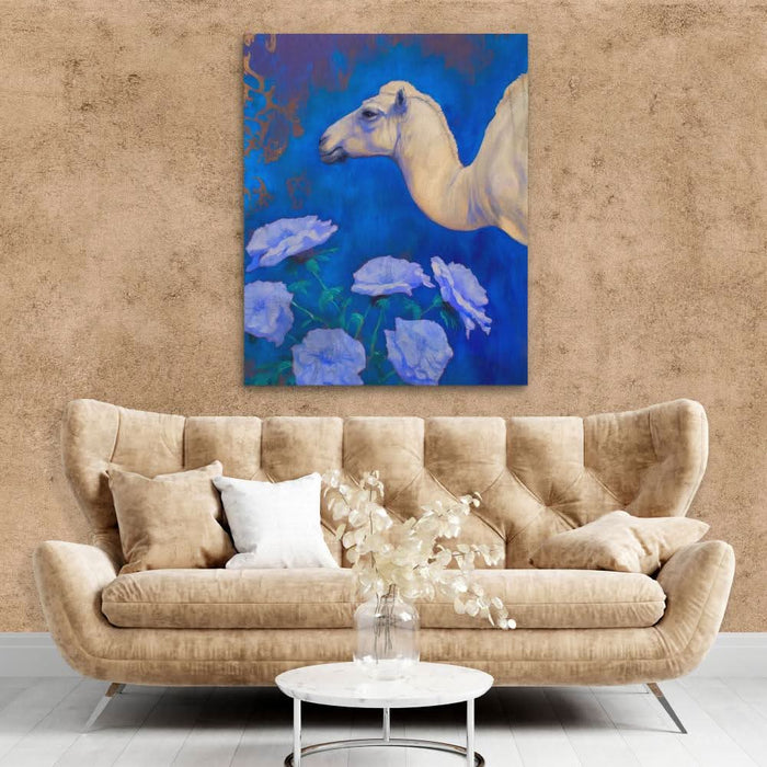 Camel With Blue Flowers - Blue Camel Canvas Print