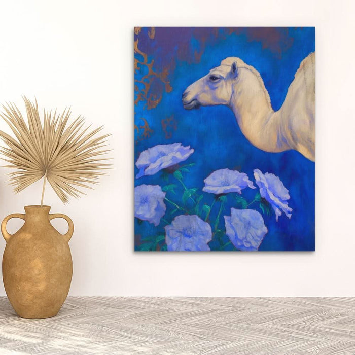 Camel With Blue Flowers - Modern Blue Canvas Wall Art