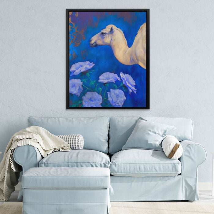 Camel With Blue Flowers - Camel Wall Art in Black Frame
