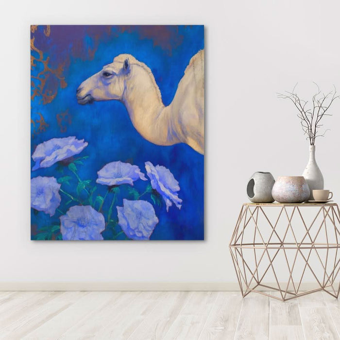 Camel With Blue Flowers - Large Modern Canvas Print