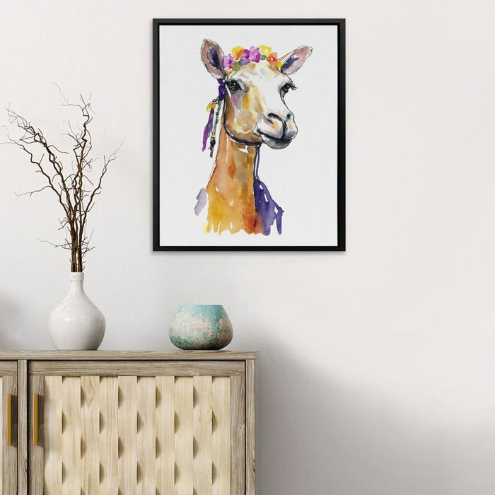Camel With Flowers - Floral Wall Art in Black Frame