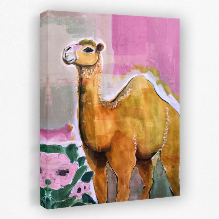 Camel With Pink Flowers - Camel Canvas Wall Art