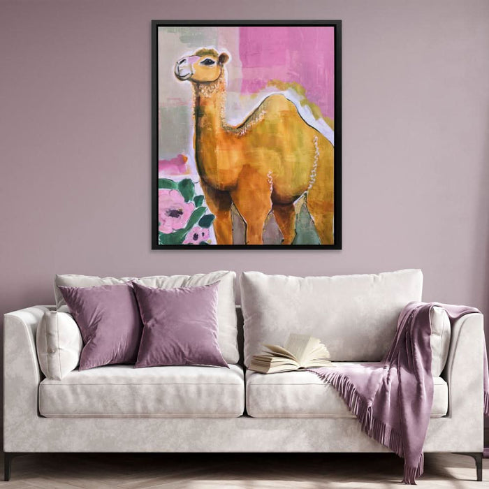 Camel With Pink Flowers - Modern Wall Art in Black Frame