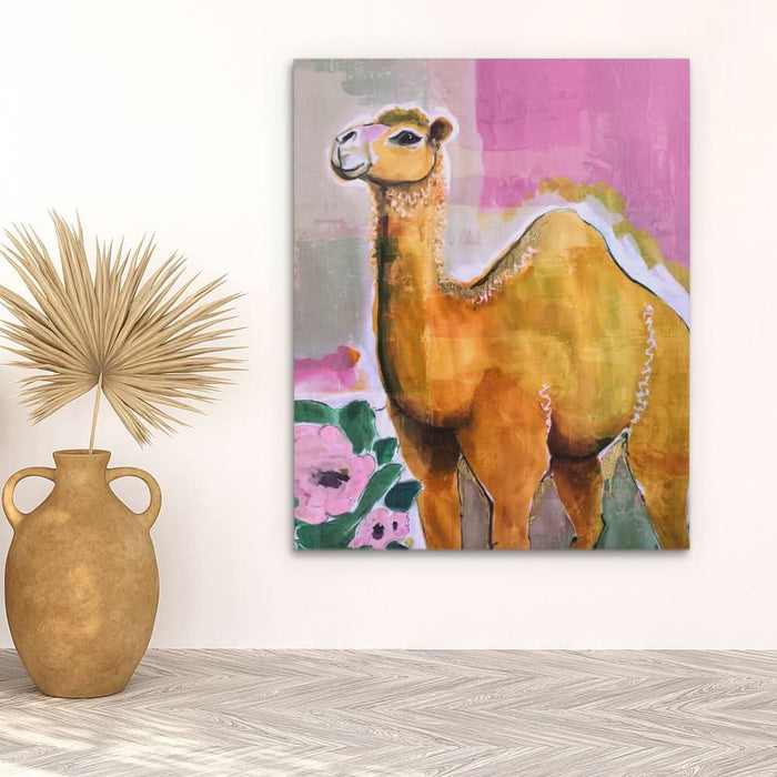 Camel With Pink Flowers - Pink Floral Canvas Print