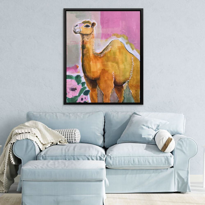 Camel With Pink Flowers - Modern Pink Canvas Wall Art