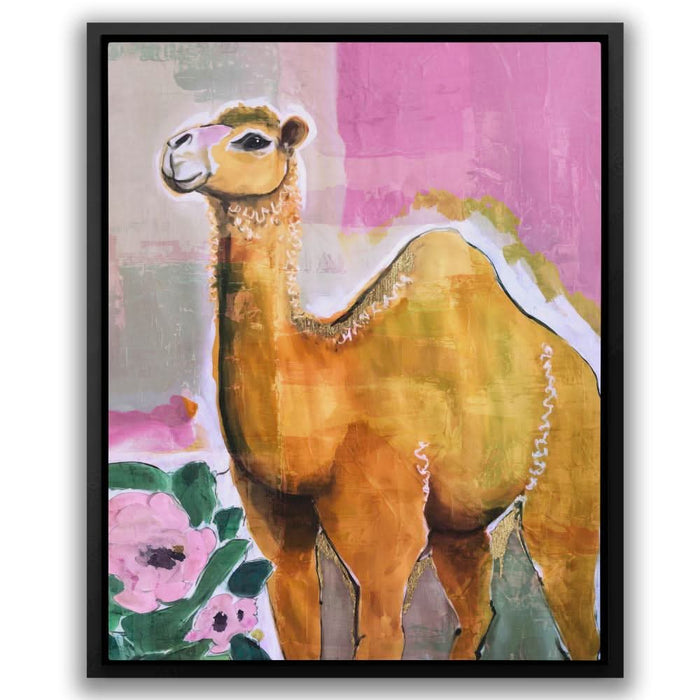 Camel With Pink Flowers - Floral Wall Art in Black Frame