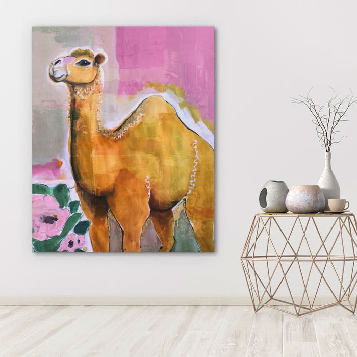 Camel With Pink Flowers - Pink Wall Art for Living Room