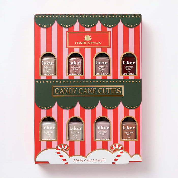 The LONDONTOWN Candy Cane Cuties Holiday Set features eight Lakur nail polishes in a festive red, white, and green box decorated with candy cane designs—making it a beautifully curated gift set and the perfect holiday present.