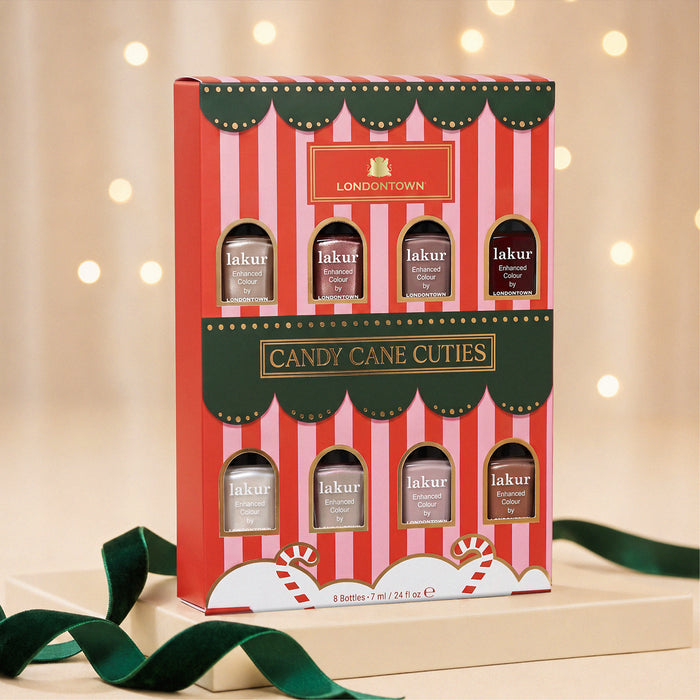 The LONDONTOWN Candy Cane Cuties Holiday Set features eight Lakur nail polishes in festive red and green packaging—an ideal curated gift set or a delightful holiday present for someone special.