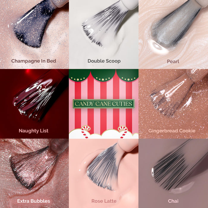 A grid of eight nail polish brushes in various colors and finishes surrounds a “Candy Cane Cuties” graphic in this LONDONTOWN Candy Cane Cuties Holiday Set.