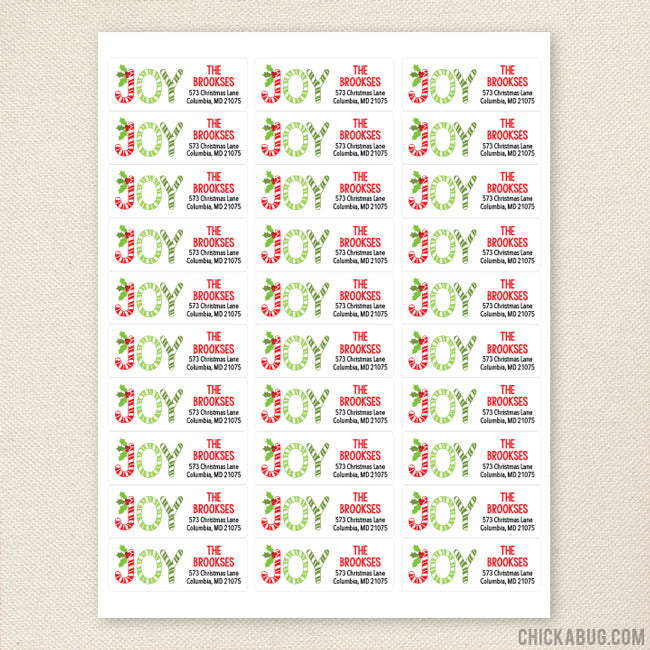 Candy Cane "Joy" Christmas Address Labels