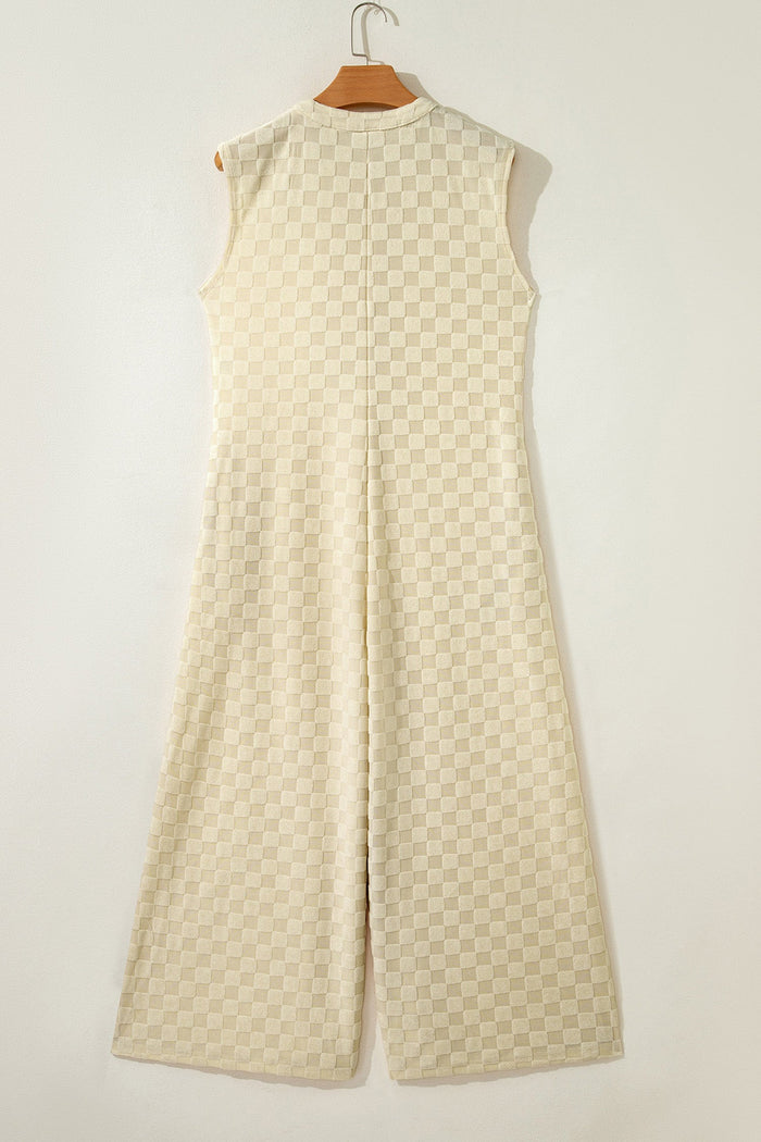 Checker Textured Sleeveless Wide Leg Jumpsuit