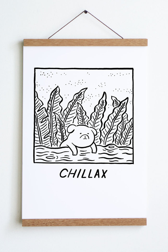 black linework on white paper drawing of dog leaning on log with leaves behind it with word chillax underneath