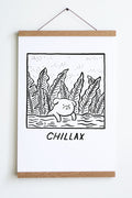 black linework on white paper drawing of dog leaning on log with leaves behind it with word chillax underneath