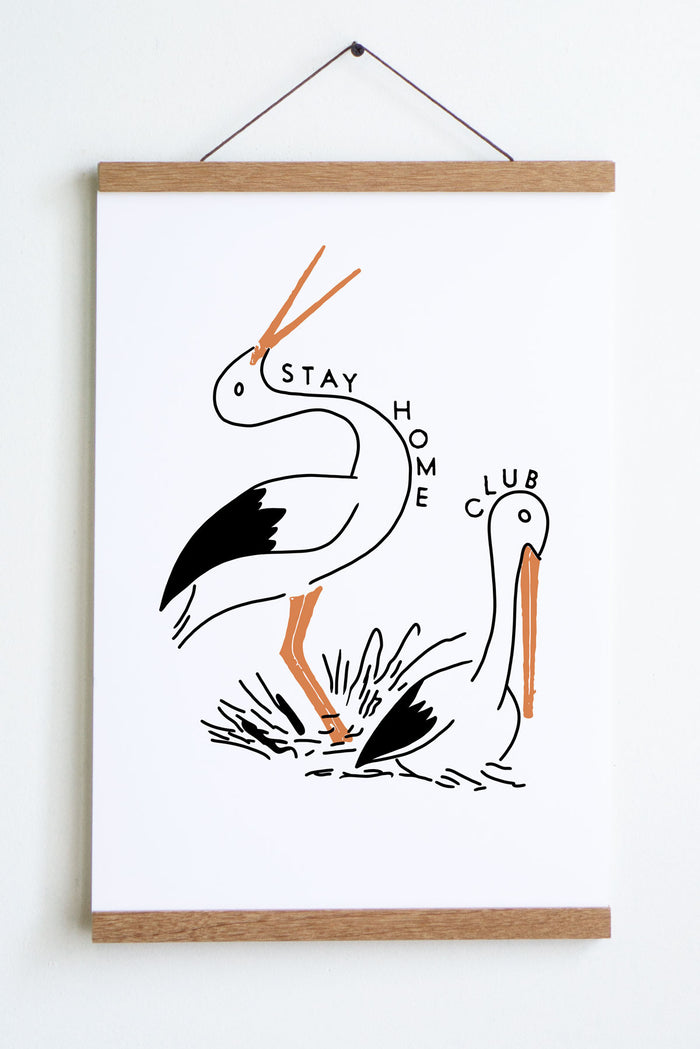 standing bird with sitting bird outlined in black with orange beaks and legs with stay home club text around them
