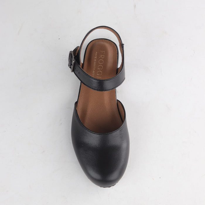 Factory Shop Sandals Froggie Women's Closed-Toe Slingback Sandals- Black Leather - 13108 - top angle.