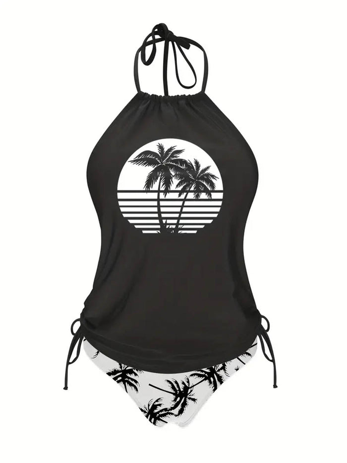 Coconut Tree Halter Tie Neck Backless Stretchy Swimsuit | ZAKAPOP